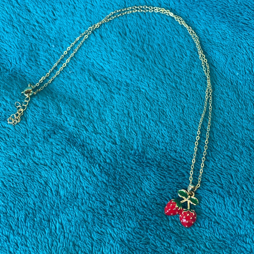 Strawberry Pendant Necklace Gold Rhodium Necklace Hypoallergenic - Picture 7 of 9